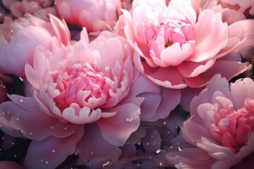  a bunch of pink peonies with water droplets on them are in the middle of a bouquet of pink peonies.