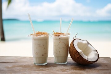  two glasses of milkshakes with straws and a coconut on a table with a view of the ocean.