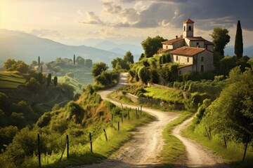  a painting of a country road with a church on the top of a hill in the middle of the country.