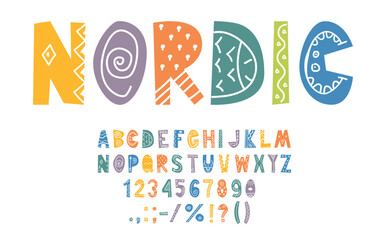 Nordic font, Scandinavian type or traditional folk typeface, vector doodle style English alphabet. Nordic ABC font and signs with Scandinavian ethnic ornament or cartoon art design letters and symbols
