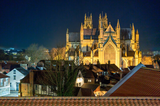 Nightime view of ancient minster. Beverley, UK.