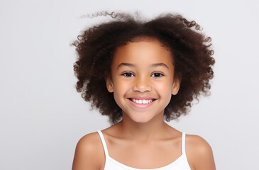 Happy Black Girl: Smiling with Curly Hair, White Background