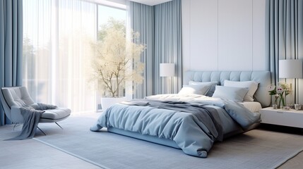 A tranquil bedroom with soft blue bedding, sheer curtains, and a tufted headboard - obrazy, fototapety, plakaty
