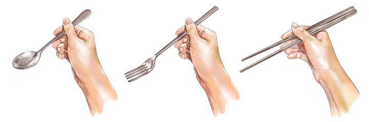 hands isolated on white background hand with fork Hand holding a fork spoon, eating food, painting, watercolor painting, dining table, eating deliciously fork spoon on tableware tool