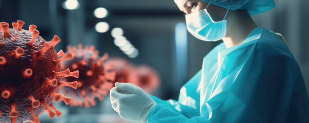 Medicine person working indoors surrounded by viruses. Concept of research and protection against illnesses.