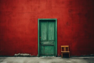Fototapeta na wymiar a wooden chair sitting in front of a red wall with a green door and a wooden chair in front of it.