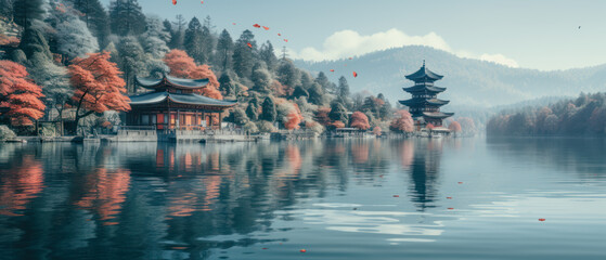Fototapeta premium Japanese Landscape Illustration with Shinto Shrine in a Misty Lake Wallpaper Cover Panorama Poster Banner Background Backdrop Digital Art Japan-Art
