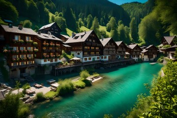 Scenic Swiss riverbank with charming wooden houses, surrounded by pristine nature and clear blue...