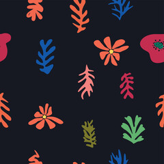 floral pattern, crooked leaves and red flowers