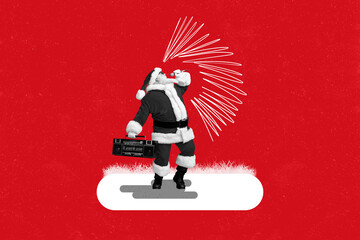 Creative poster collage of santa claus singing mic boom box red white new year snowy atmosphere christmas celebration x-mas
