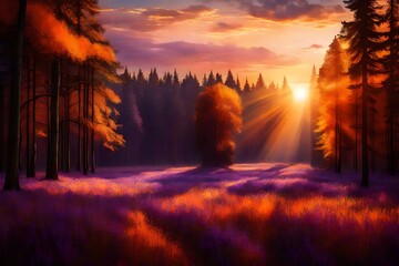 The sun setting behind a majestic forest, painting the sky and field in shades of orange and purple