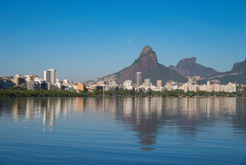Beautiful View of Rio de Janeiro Mountains Reflected in Water of Rodrigo de Freitas Lagoon