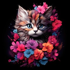 a colorful kitten with flowers
