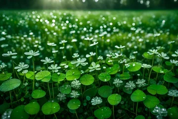 Photo sur Plexiglas Vert Dew-covered clover leaves in a pristine field of greenery