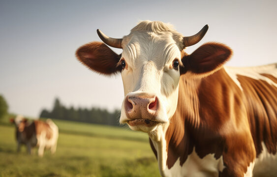 a close up picture of a cow in a green pasture