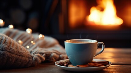 a cup of latte by a fireplace with cookies