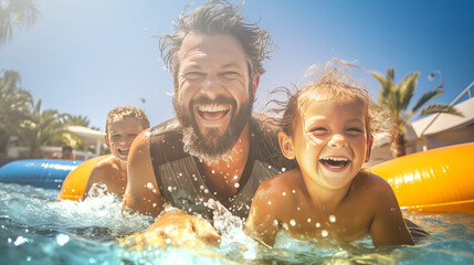 family father child teaching child swimming outdoor pool in summer