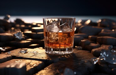 a glass of a whisky sitting inside of a dark scene