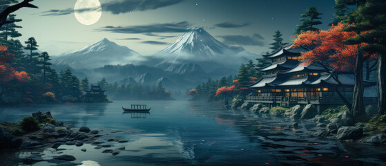 Japanese Landscape Illustration with Shinto Shrine in a Misty Lake Wallpaper Cover Panorama Poster Banner Background Backdrop Digital Art Japan-Art