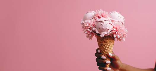 a hand holds a pink ice cream cone in front of a pink flower