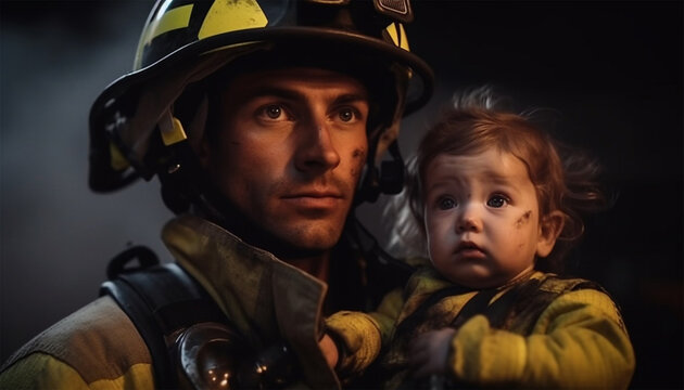 Portrait of a fireman holding a little child baby to save him. Fireman with kid in arms. Protection concept. Fire fighters and rescuers department trucks on fire station. Protection of life