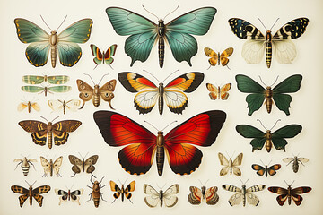 coloured engravings of the 19th century with entomological collections. AI generative. - obrazy, fototapety, plakaty