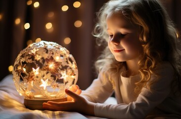 Naklejka premium a little girl asleep in bed with a star projector star