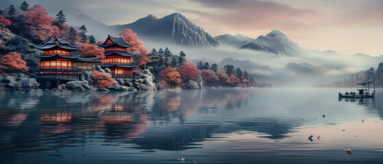 Japanese Landscape Illustration with Shinto Shrine in a Misty Lake Wallpaper Cover Panorama Poster Banner Background Backdrop Digital Art Japan-Art - obrazy, fototapety, plakaty