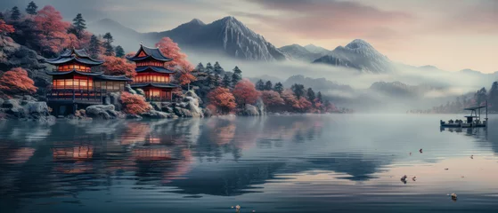 Fototapeten Japanese Landscape Illustration with Shinto Shrine in a Misty Lake Wallpaper Cover Panorama Poster Banner Background Backdrop Digital Art Japan-Art © Korea Saii