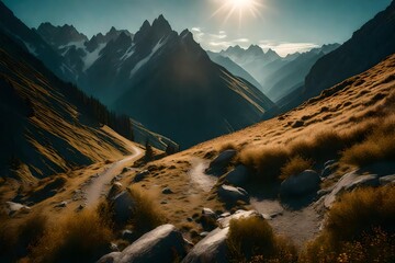 Majestic alpine landscape bathed in the soft morning light, showcasing the untamed beauty of the wilderness high in the mountains