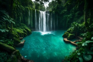 Fototapeta na wymiar A majestic waterfall crashing down into a turquoise pool, surrounded by lush vegetation.