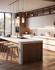 a modern kitchen with walnut and wooden cabinetry