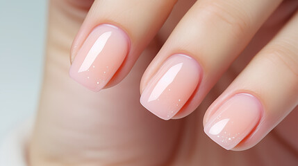 Beautiful peach fuzz color manicure. Close up. Women's nail art in peach shades. Aspect ratio 16:9	