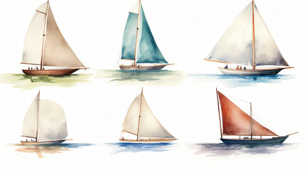 Collection sailboat watercolor drawing on a white background - obrazy, fototapety, plakaty