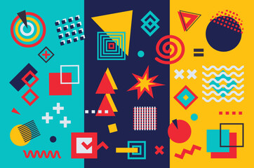 Abstract geometric simple minimalistic set. Brick wall, stripes, waves, random symbols textures. Vector illustration