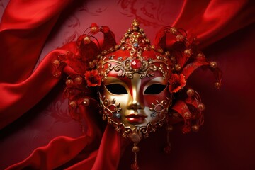 Golden carnival mask on red background. Generative AI