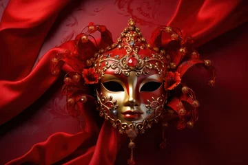 Gordijnen Golden carnival mask on red background. Generative AI © masharinkaphotos