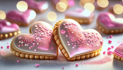 Walentynkowe ciasteczka w kształcie serc pokryte różowym lukrem - obrazy, fototapety, plakaty