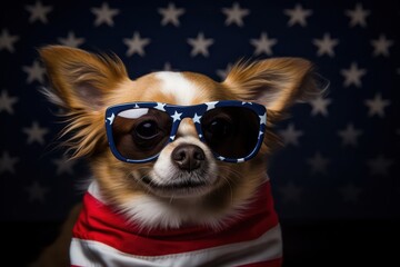 Dog in sunglasses, American flag holiday. Generative AI