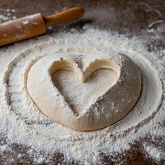 Flour scattered on boards creating a heart shape. Valentine's Day or Christmas baking theme