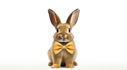Golden cute brown Easter bunny with yellow bow tie on gray white background