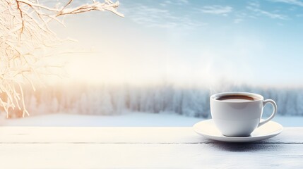 Obraz na płótnie Canvas Cup of hot coffee on table on a winter snowy background. International Coffee Day. Panorama with copy space.