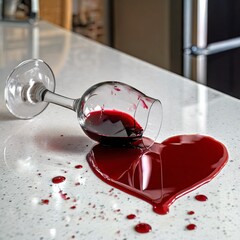 Czerwone wino wypływające z przewróconego kieliszka tworzące kałużę w kształcie serca. Motyw miłości, walentynek