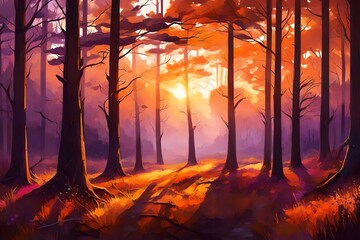 The sun setting behind a majestic forest, painting the sky and field in shades of orange and purple