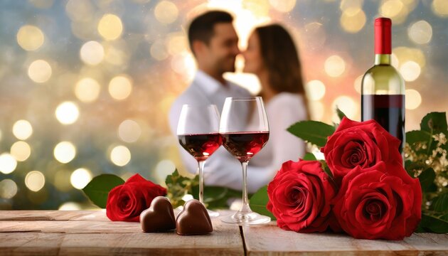 Red roses, glasses of red wine and heart-shaped chocolates on a wooden table. In the background you can see a couple embracing. Valentine's Day background 