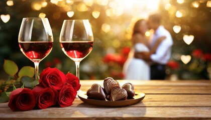 Czerwone wino, czerwone róże i czekoladki w kształcie serca. W tle widać obejmującą się parę. Motyw ślub, walentynek, randki
