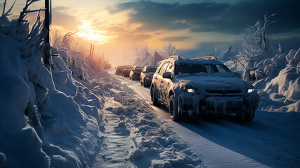 winter and road chaos on snow-covered roads. AI generative. - obrazy, fototapety, plakaty