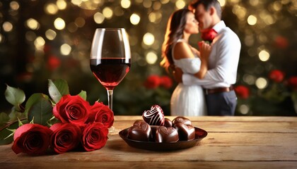 Czerwone róże, kieliszki z czerwonym winem i czekoladki w kształcie serc na drewnianym stole. W tle widać obejmującą się parę. Walentynkowe tło - obrazy, fototapety, plakaty