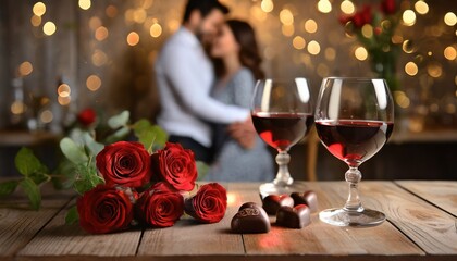 Red roses, glasses of red wine and heart-shaped chocolates on a wooden table. In the background you can see a couple embracing. Valentine's Day background 