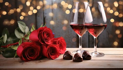 Czerwone wino, czerwone róże i czekoladki w kształcie serca. Walentynkowe lub ślubne tło. Motyw zakochania, pierwszej randki - obrazy, fototapety, plakaty